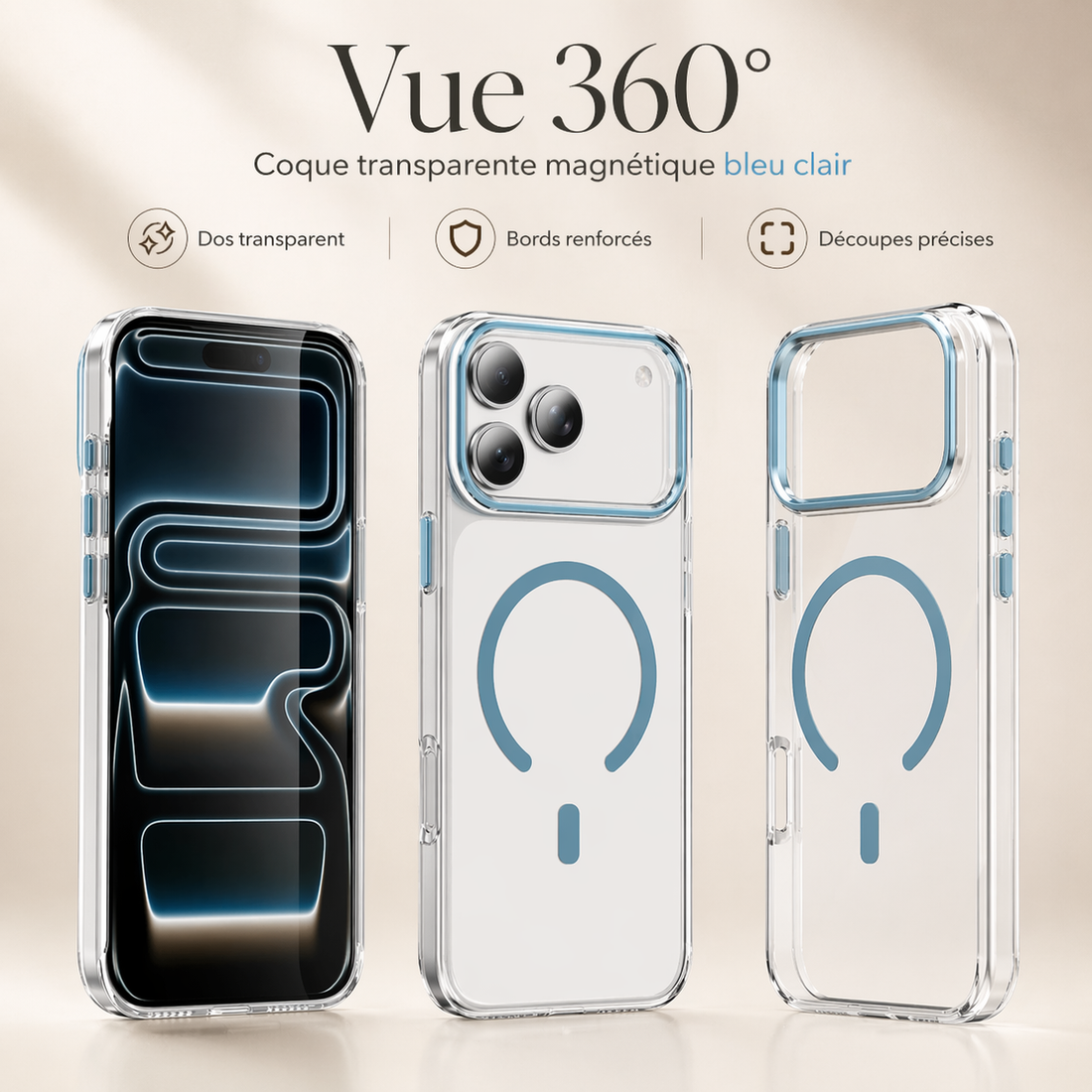Vue 360 de la coque transparente magnétique bleu clair pour iPhone 17 Pro Max