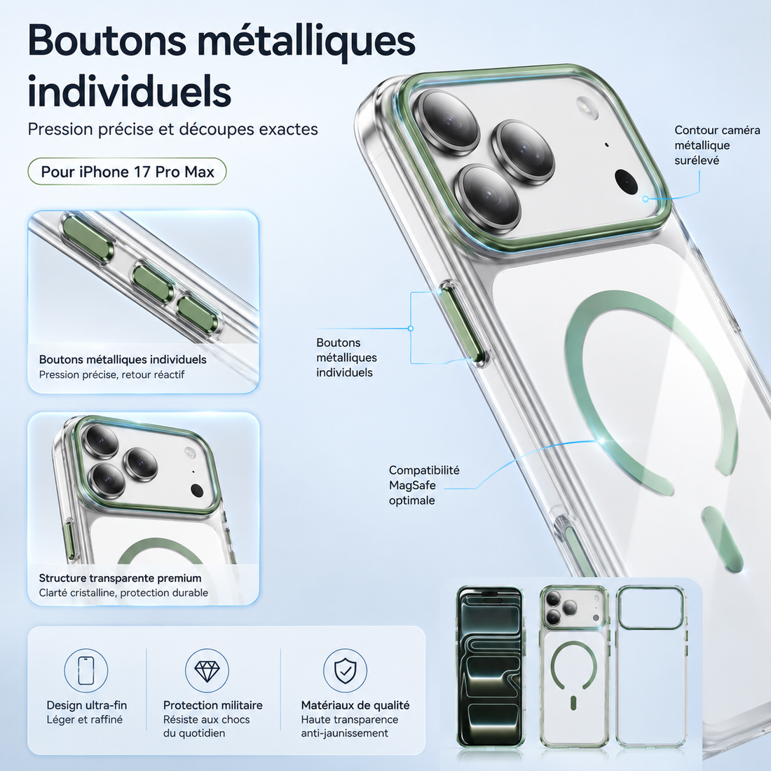 Coque iPhone 17 Pro Max transparente avec boutons métalliques et compatibilité MagSafe