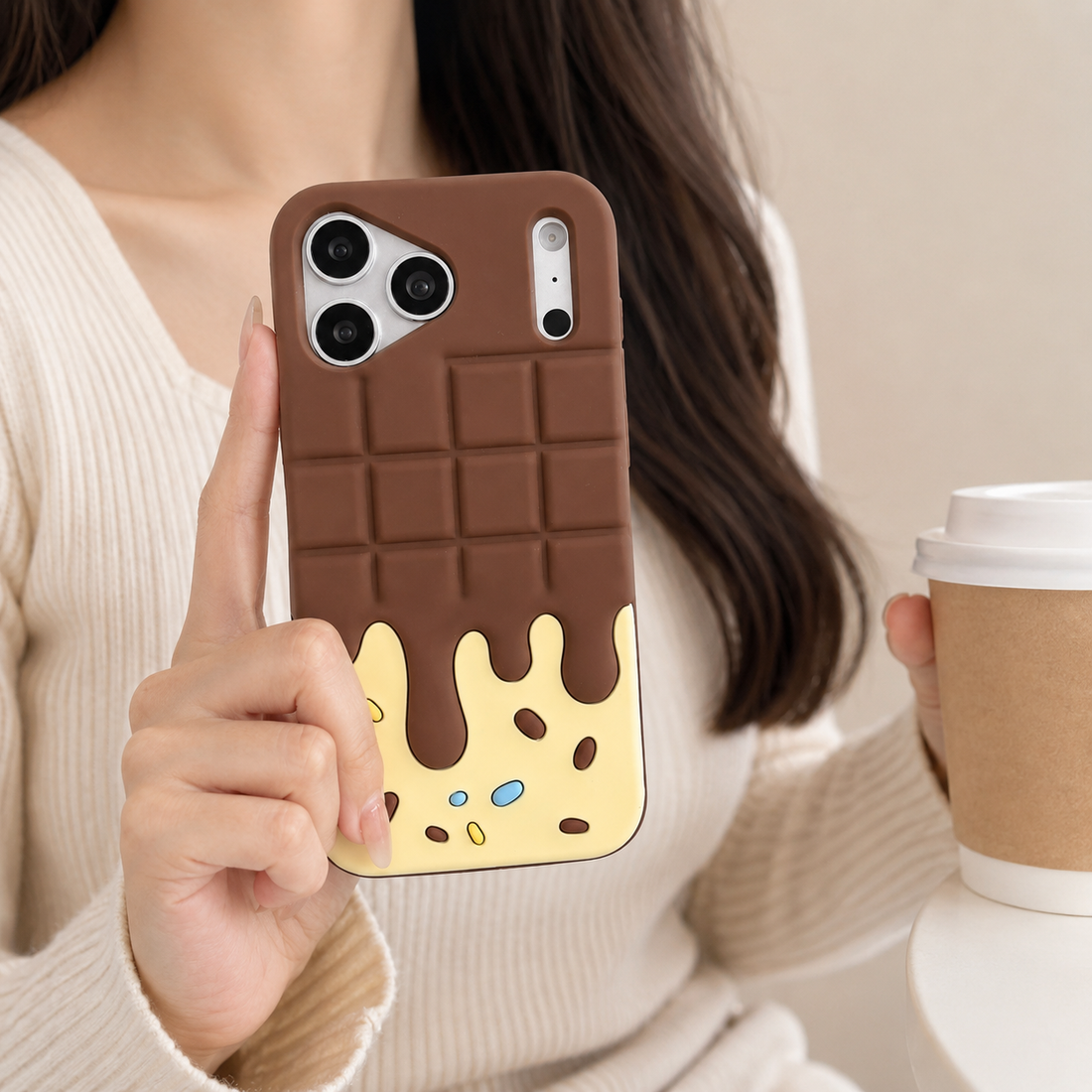 Coque iPhone 17 Pro Max Candy Chocolate jaune et marron tenue en main avec café