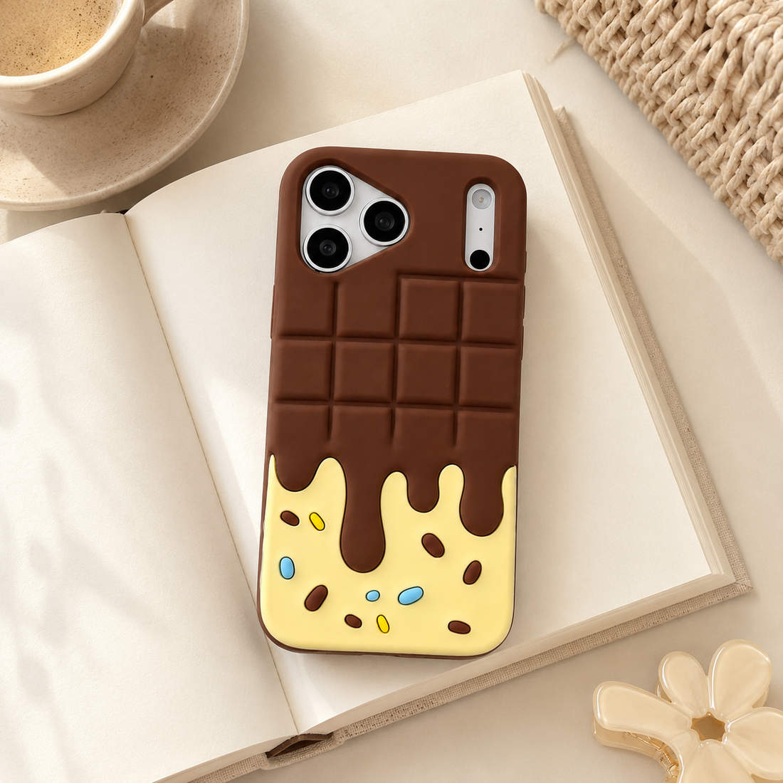 Coque iPhone 17 Pro Max Candy Chocolate jaune et marron posée sur un livre