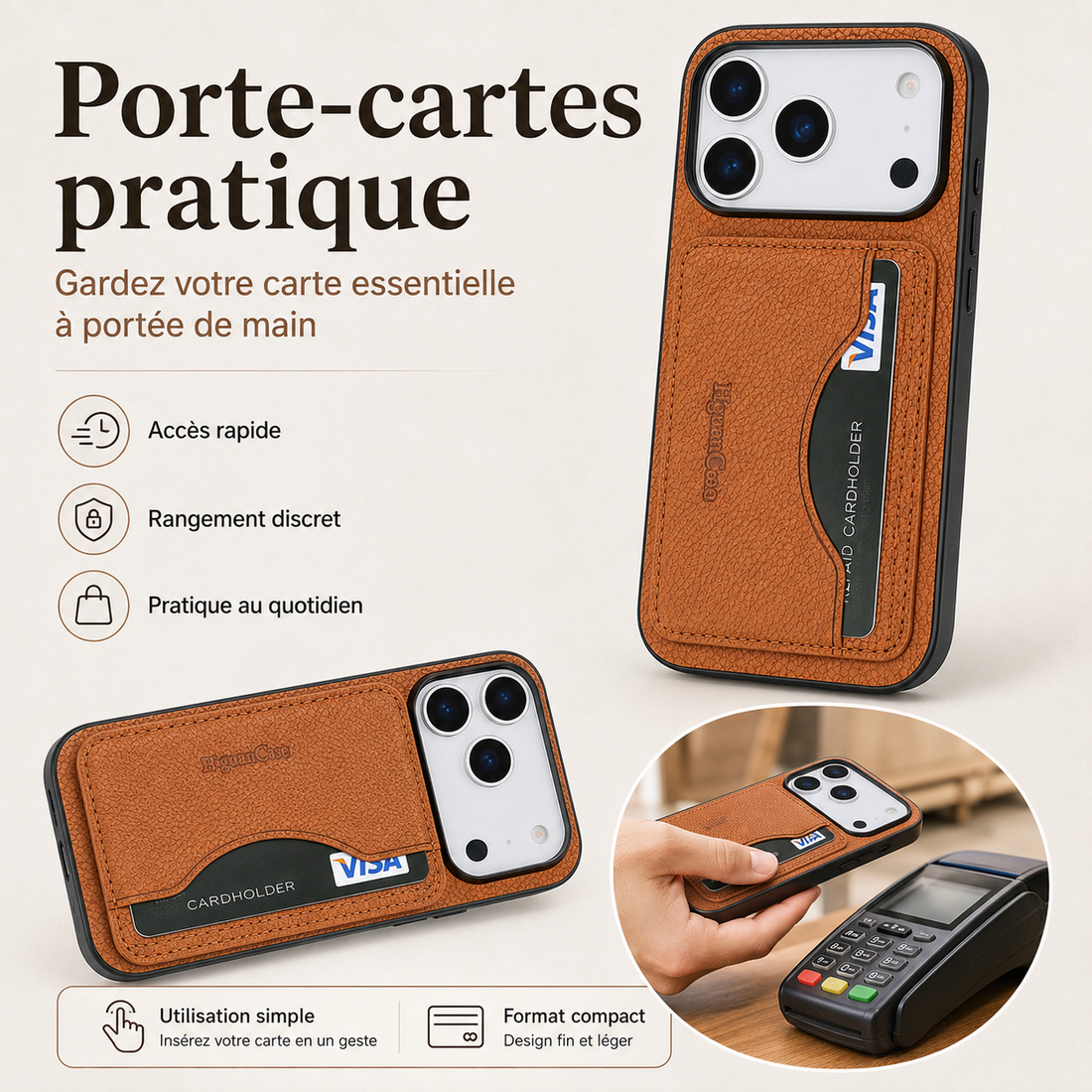 Coque iPhone 17 Pro Max cuir vegan marron avec porte-cartes intégré et accès rapide