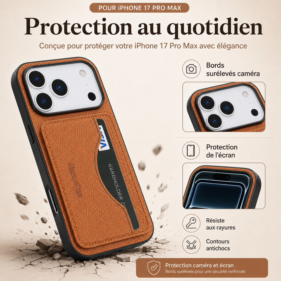 Coque iPhone 17 Pro Max cuir vegan marron avec bords surélevés et protection quotidienne