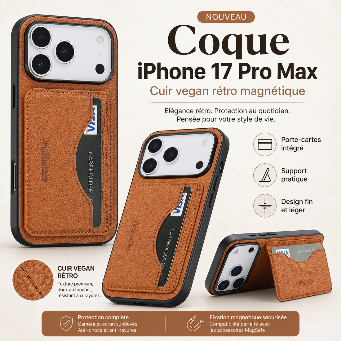 Coque iPhone 17 Pro Max cuir vegan rétro marron avec porte-cartes et support intégré
