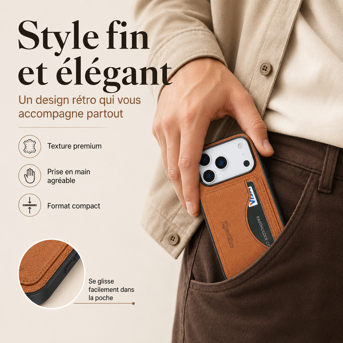 Coque iPhone 17 Pro Max cuir vegan marron au design fin et élégant, vue lifestyle