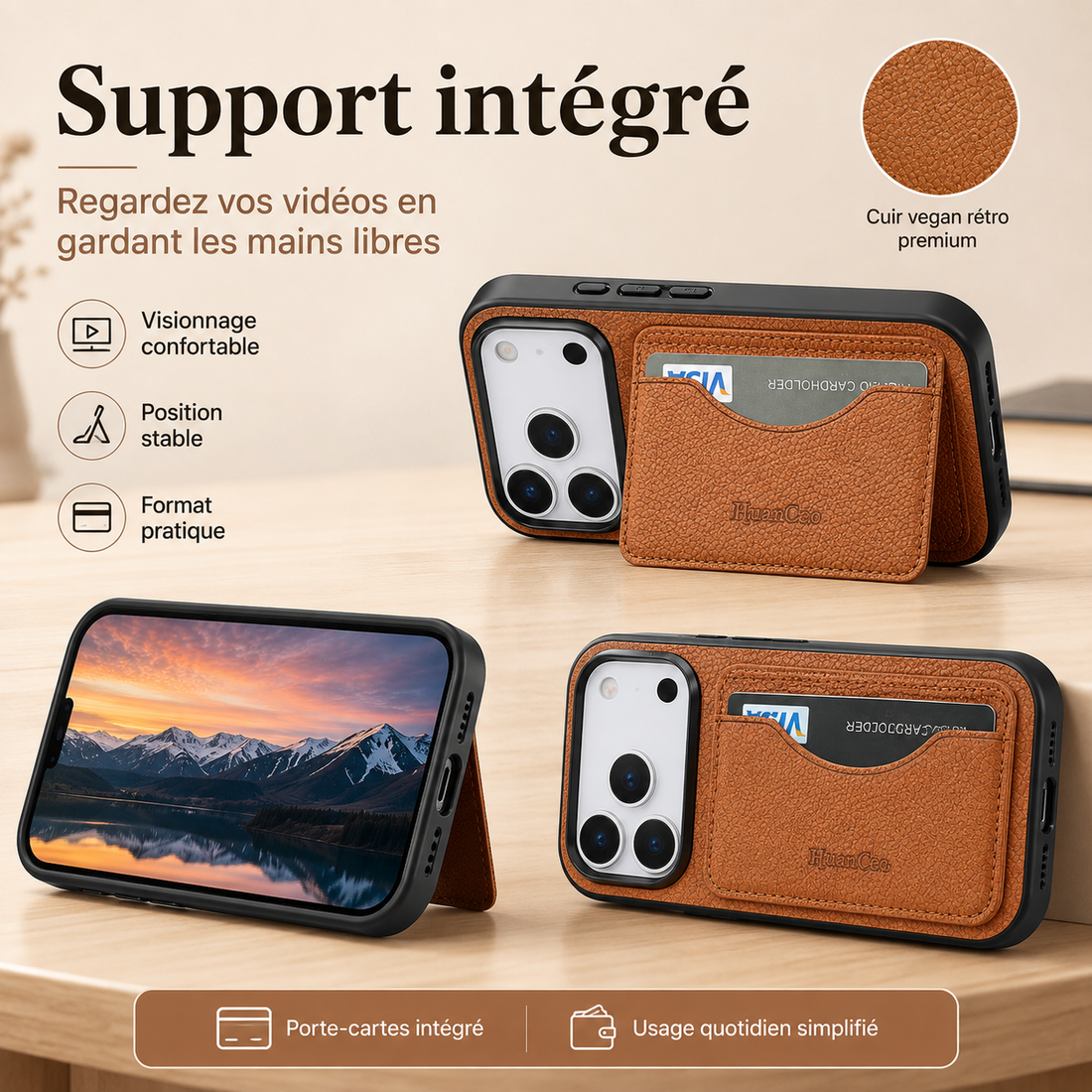 Coque iPhone 17 Pro Max cuir vegan marron avec support intégré pour regarder des vidéos