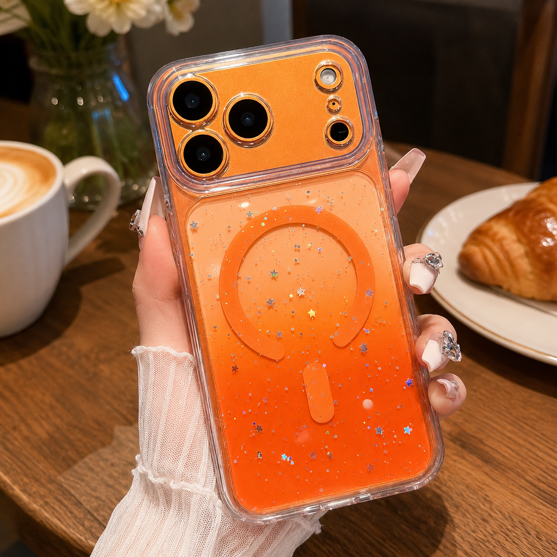 Coque iPhone 17 Pro Max magnétique dégradée époxy Orange – vue lifestyle en main
