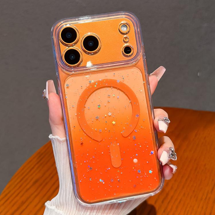 Coque iPhone 17 Pro Max magnétique dégradée époxy Orange – photo produit en main