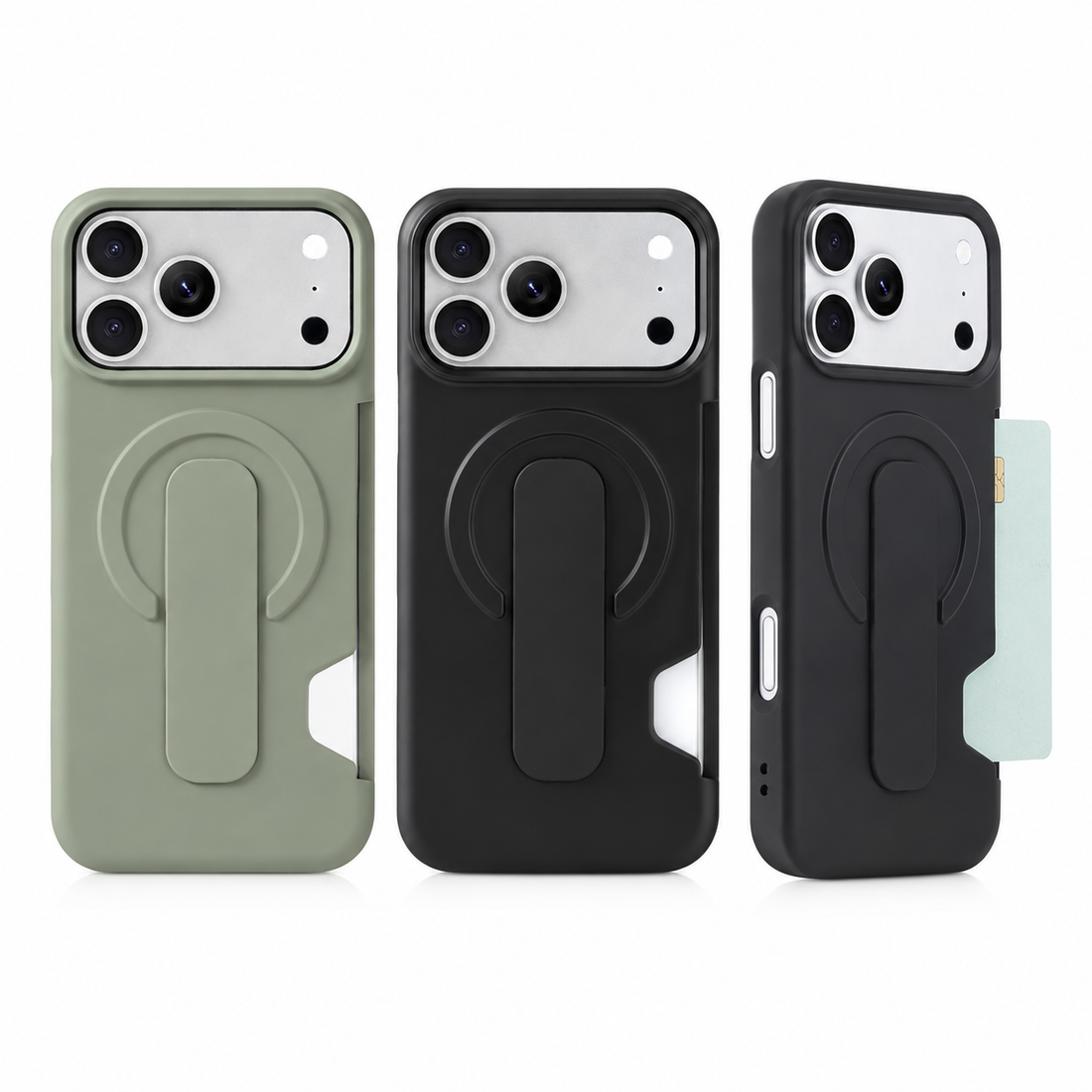 Coque iPhone 17 Pro Max magnétique avec porte-cartes et support intégré en Noir et Vert kaki