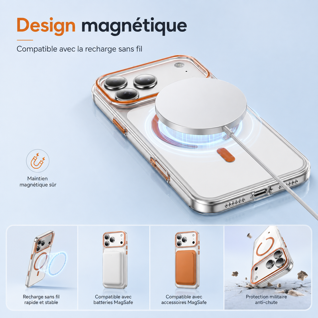 Coque iPhone 17 Pro Max magnétique transparente compatible recharge sans fil