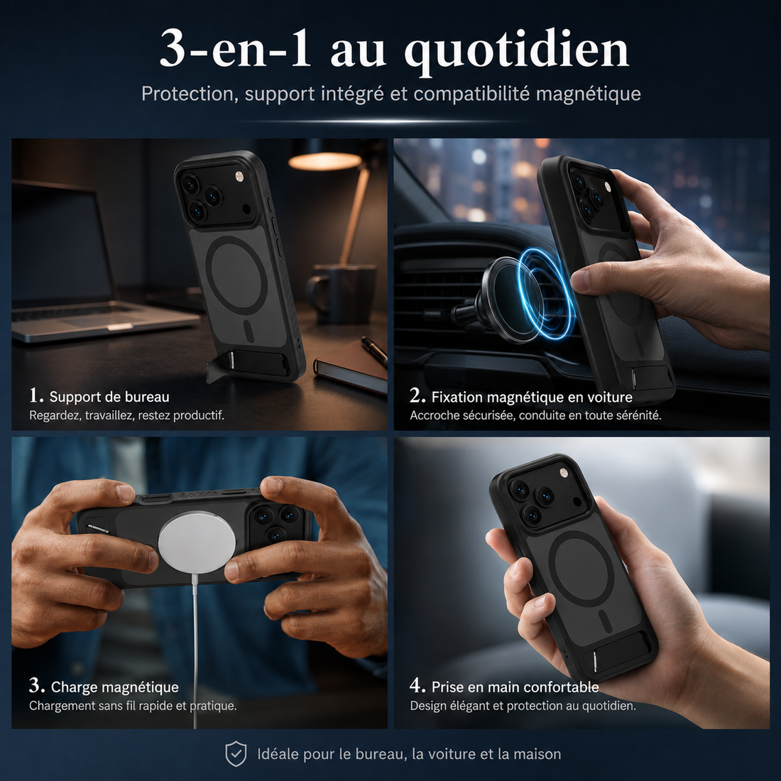 Coque iPhone 17 Pro Max magnétique noire avec support intégré en situation au bureau, en voiture et en main