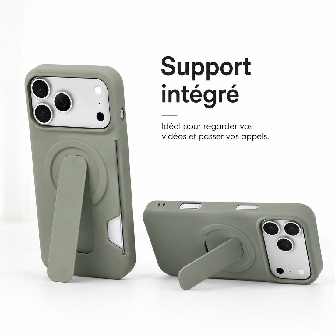 Coque iPhone 17 Pro Max magnétique Vert kaki avec support intégré pour visionnage mains libres