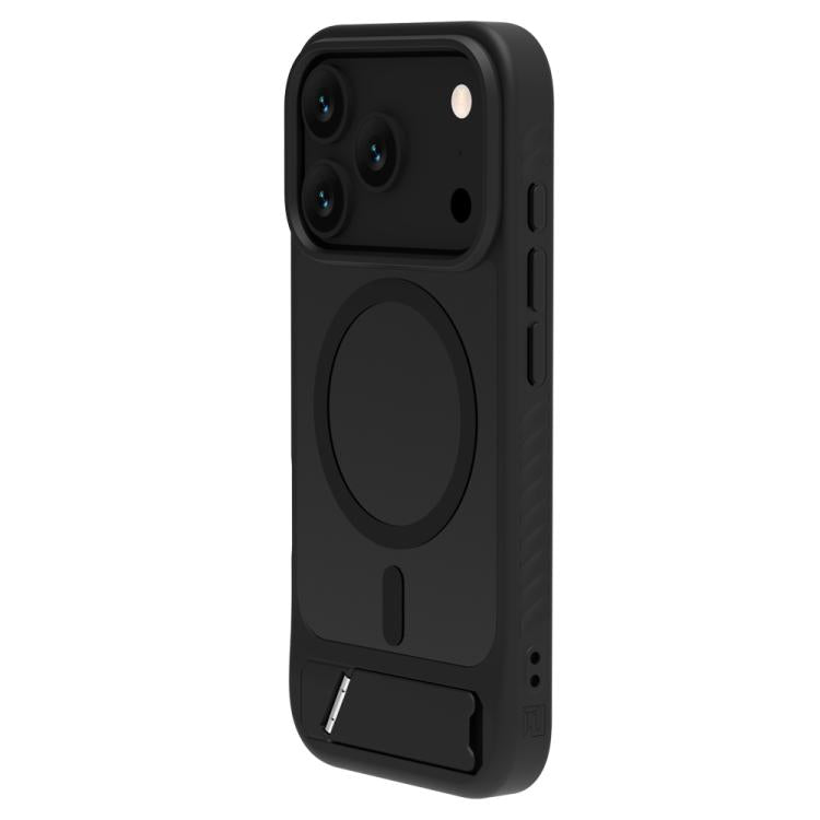 Coque iPhone 17 Pro Max magnétique noire avec support intégré, vue en angle