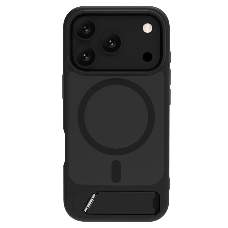 Coque iPhone 17 Pro Max magnétique noire avec anneau magnétique et support intégré, vue de dos
