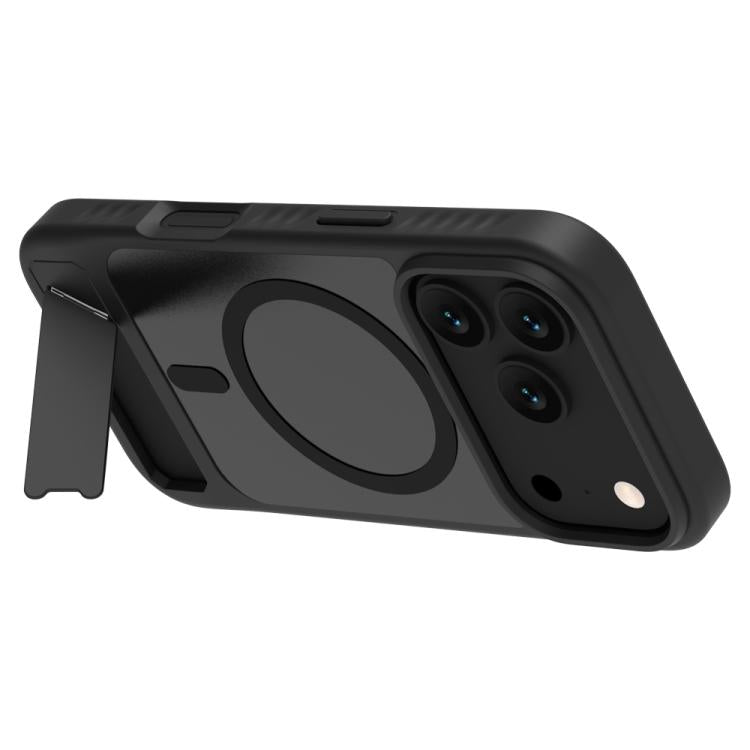 Coque iPhone 17 Pro Max magnétique noire avec support intégré en mode paysage