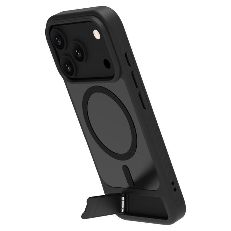 Coque iPhone 17 Pro Max magnétique noire avec support intégré en mode portrait
