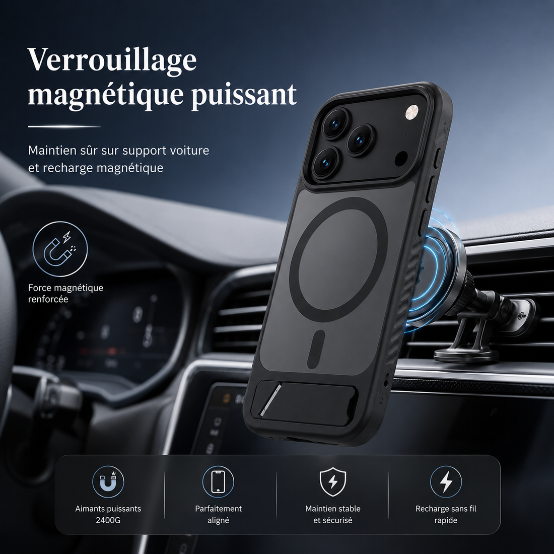 Coque iPhone 17 Pro Max magnétique noire sur support voiture, utilisation en situation