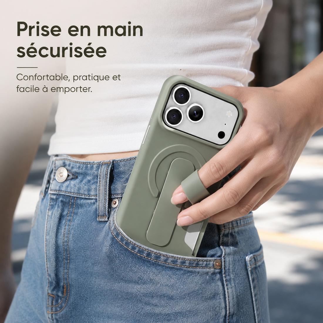 Coque iPhone 17 Pro Max magnétique Vert kaki avec support intégré en prise en main