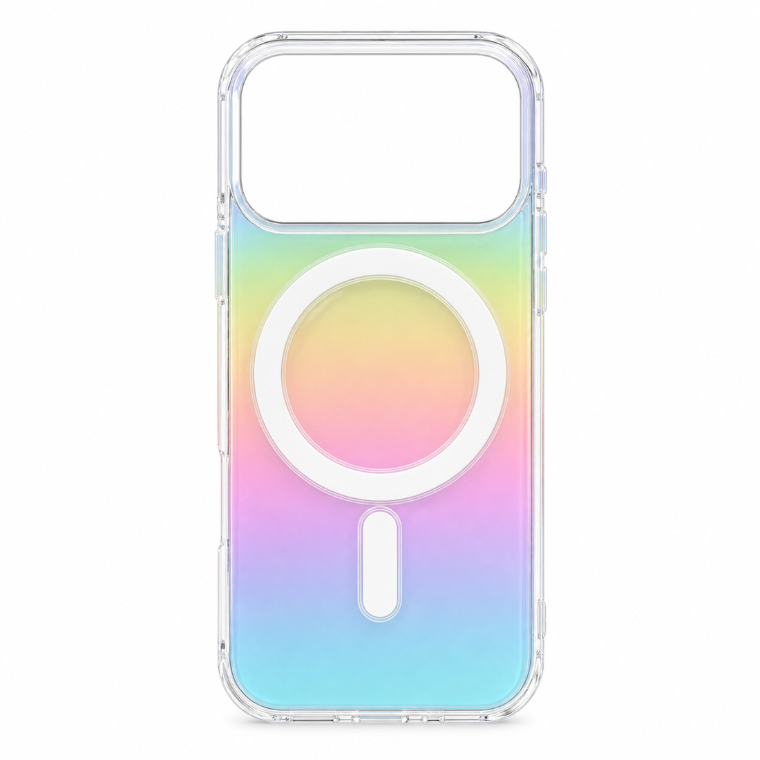 Coque iPhone 17 Pro Max MagSafe dégradé arc-en-ciel avec coins renforcés, vue de face sur fond blanc