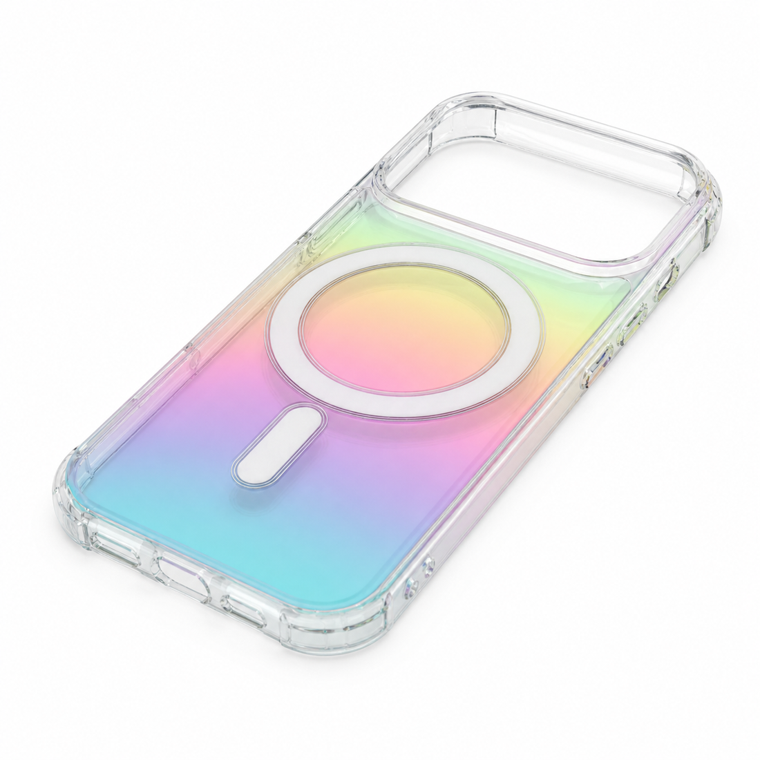 Coque iPhone 17 Pro Max MagSafe dégradé arc-en-ciel avec coins renforcés, visuel produit sur fond blanc