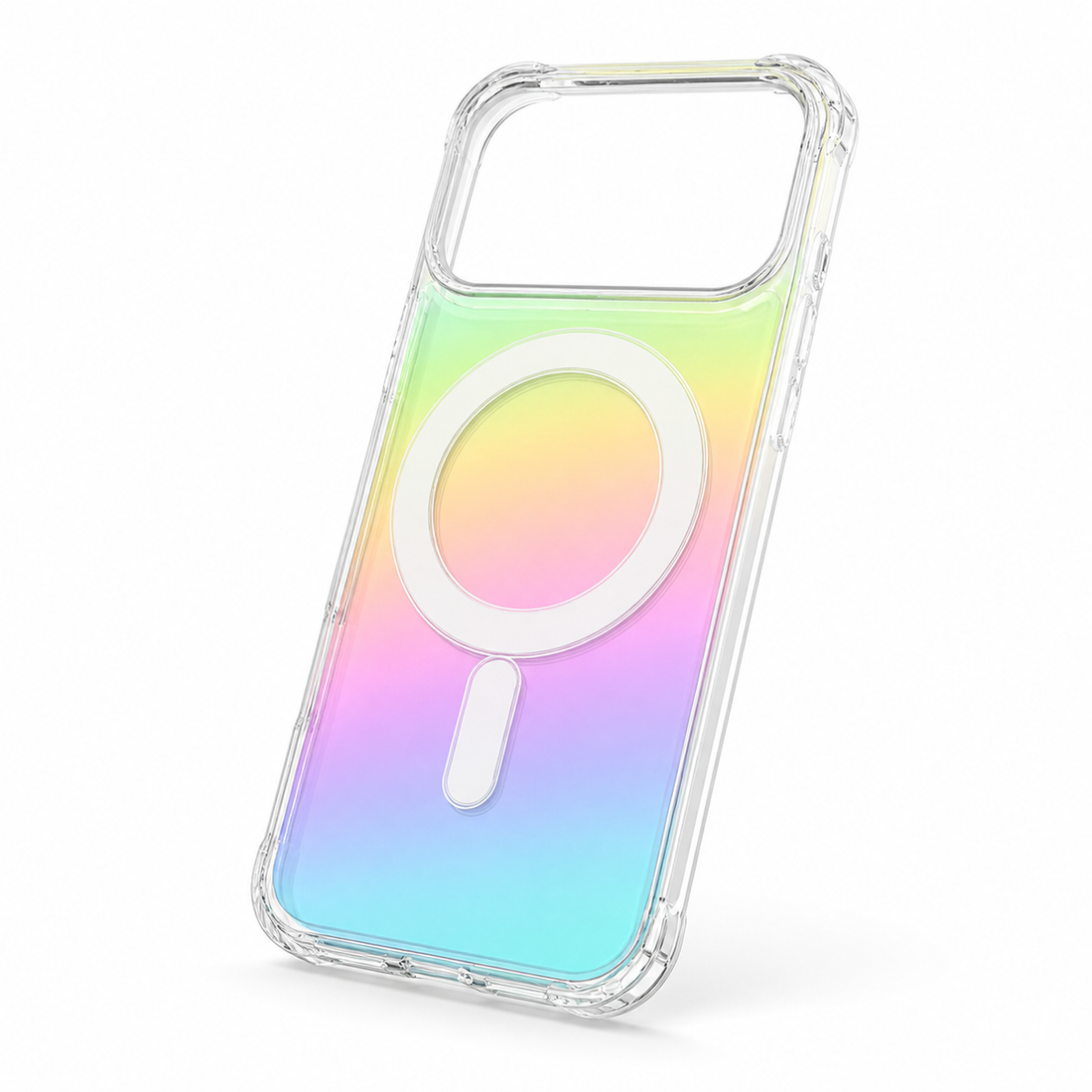 Coque iPhone 17 Pro Max MagSafe dégradé arc-en-ciel avec coins renforcés, vue en angle sur fond blanc