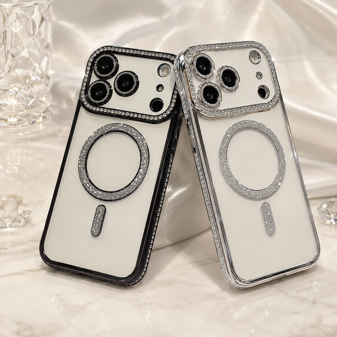 Coque iPhone 17 Pro Max MagSafe effet diamant en noir et argent, vue principale