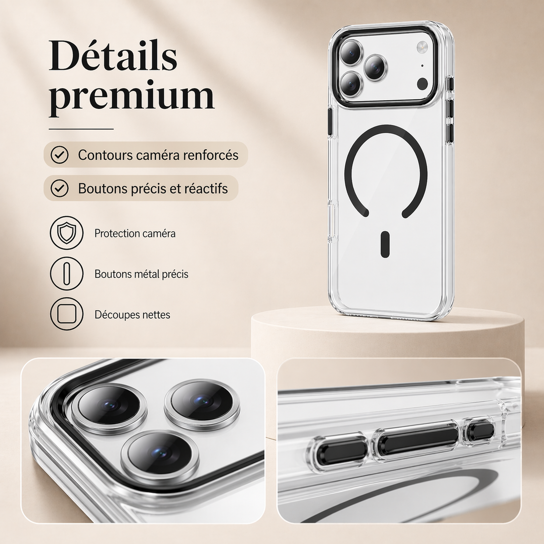 Gros plan de la coque iPhone 17 Pro Max noire avec contour caméra renforcé et détails premium