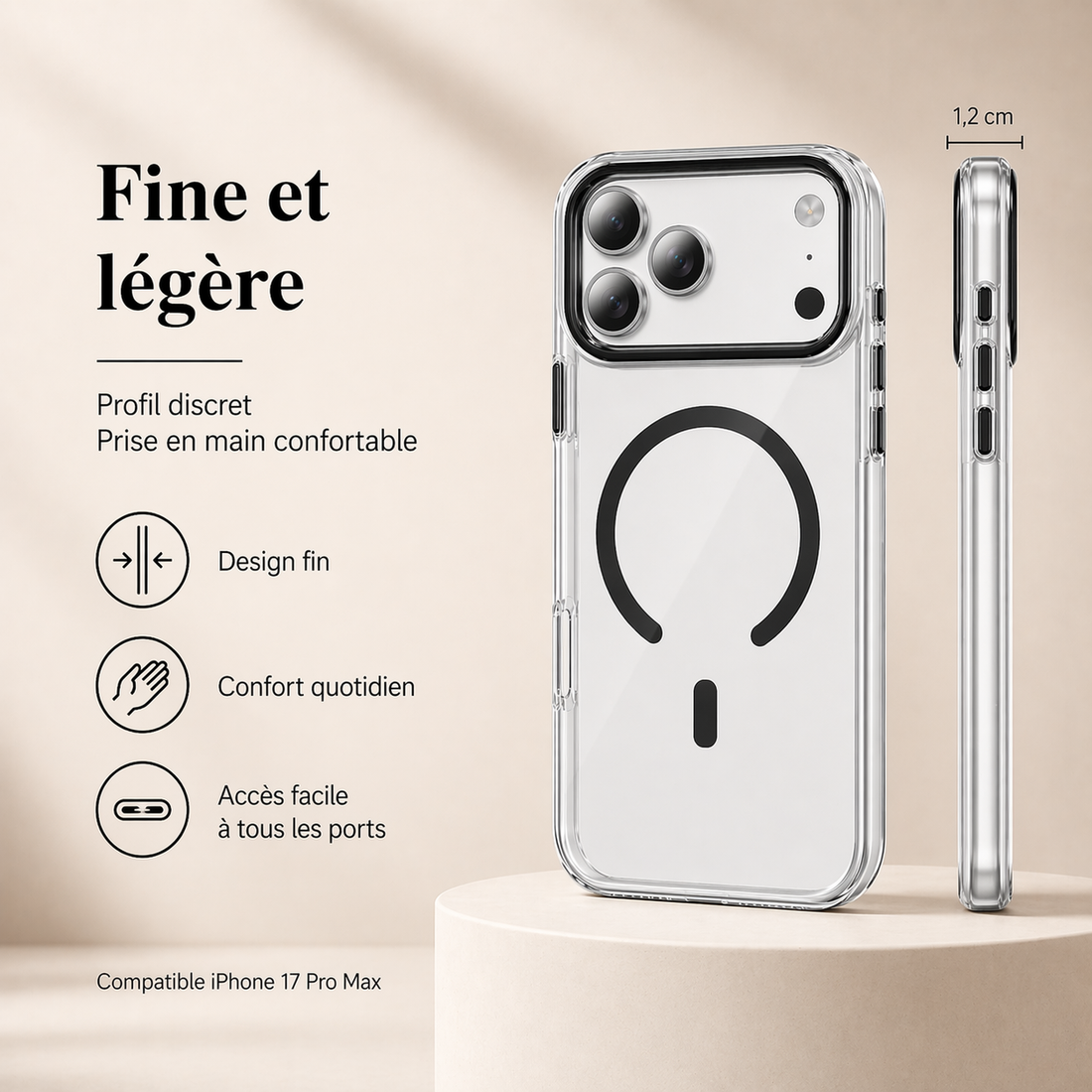 Vue face et profil de la coque transparente noire pour iPhone 17 Pro Max montrant sa finesse