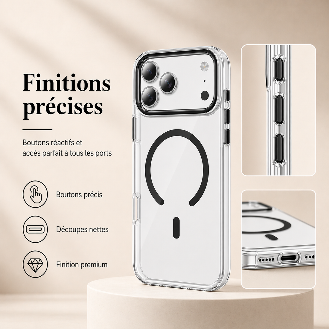 Finitions précises de la coque iPhone 17 Pro Max avec boutons réactifs et découpes nettes