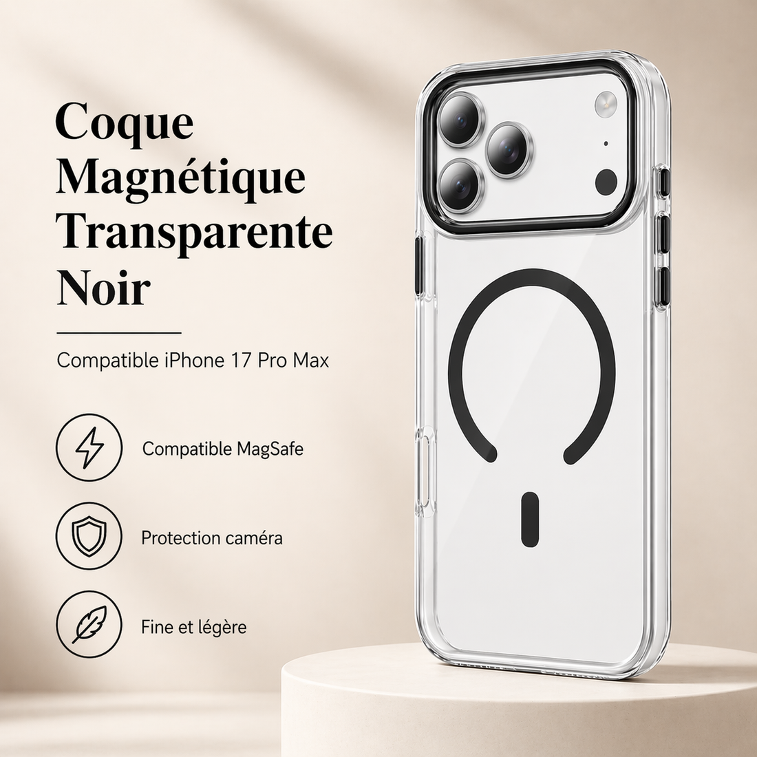 Coque magnétique transparente noire compatible iPhone 17 Pro Max