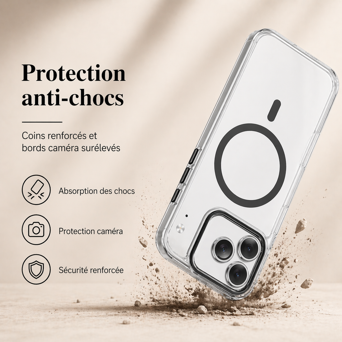 Coque iPhone 17 Pro Max transparente noire avec protection anti-chocs et bords caméra renforcés