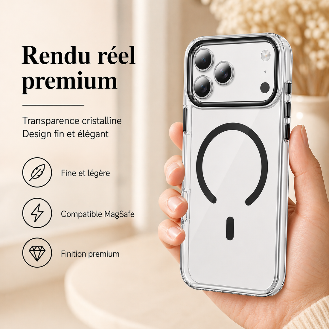 Gros plan de la coque iPhone 17 Pro Max noire avec contour caméra renforcé et détails premium
