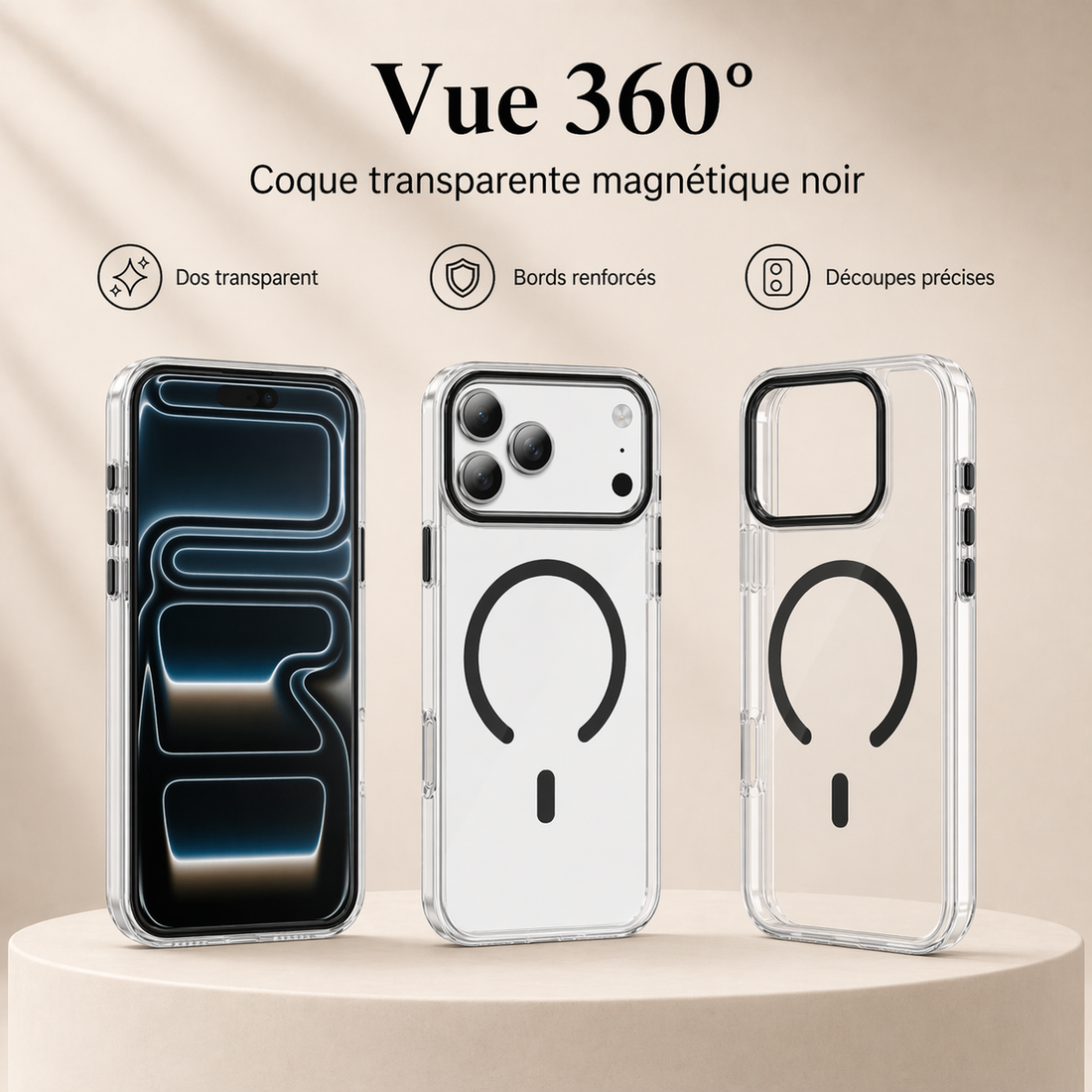 Vue 360 de la coque transparente magnétique noire pour iPhone 17 Pro Max