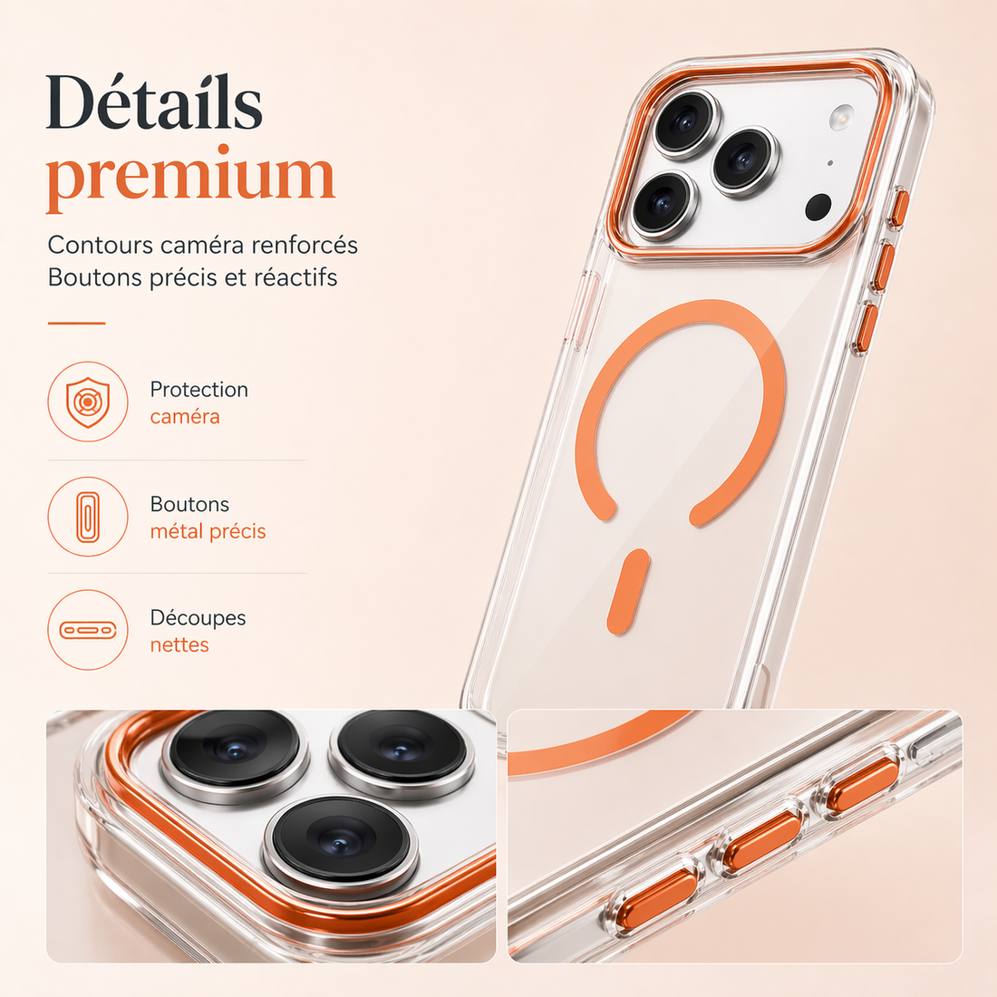 Gros plan de la coque iPhone 17 Pro Max orange avec contour caméra renforcé et boutons précis