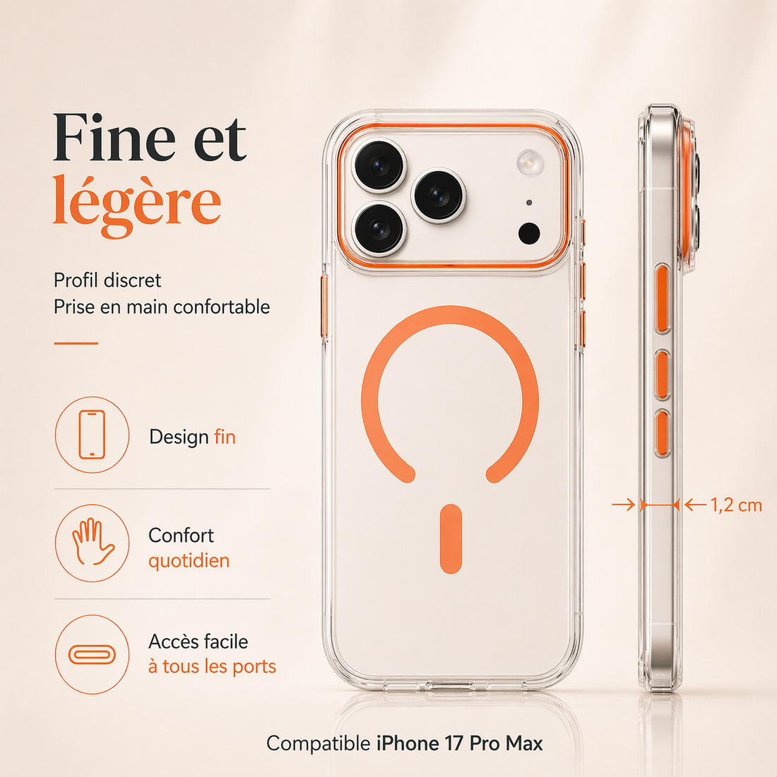 Vue face et profil de la coque transparente orange pour iPhone 17 Pro Max montrant sa finesse