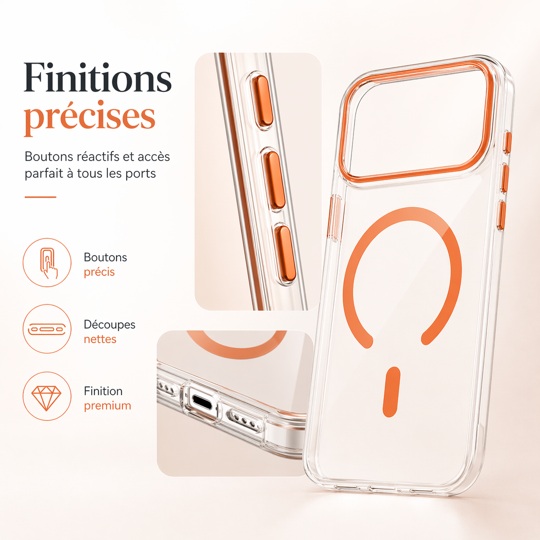 Finitions précises de la coque iPhone 17 Pro Max avec boutons réactifs et découpes nettes