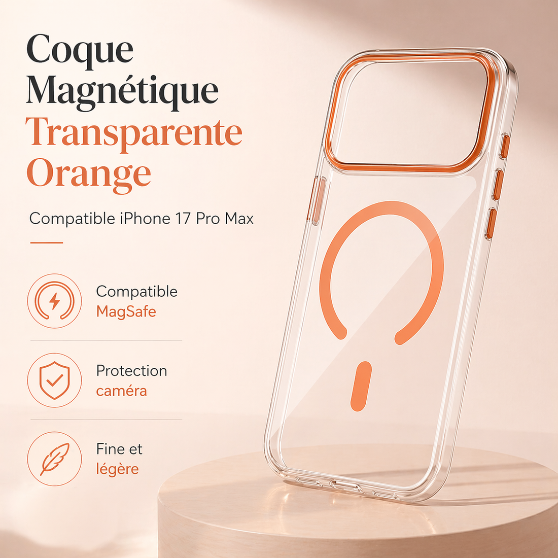 Coque magnétique transparente orange compatible iPhone 17 Pro Max