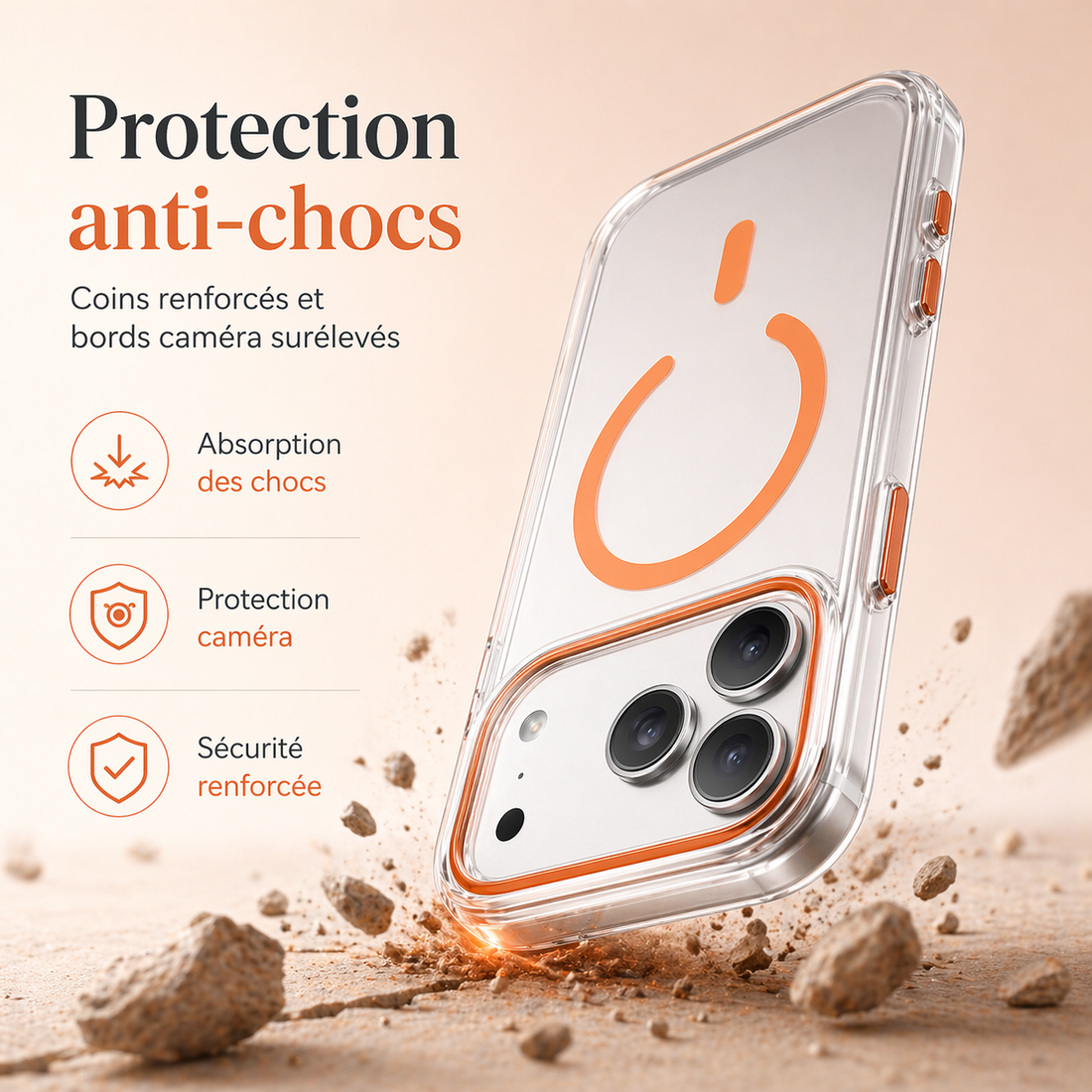 Coque iPhone 17 Pro Max transparente orange avec protection anti-chocs et bords caméra renforcés