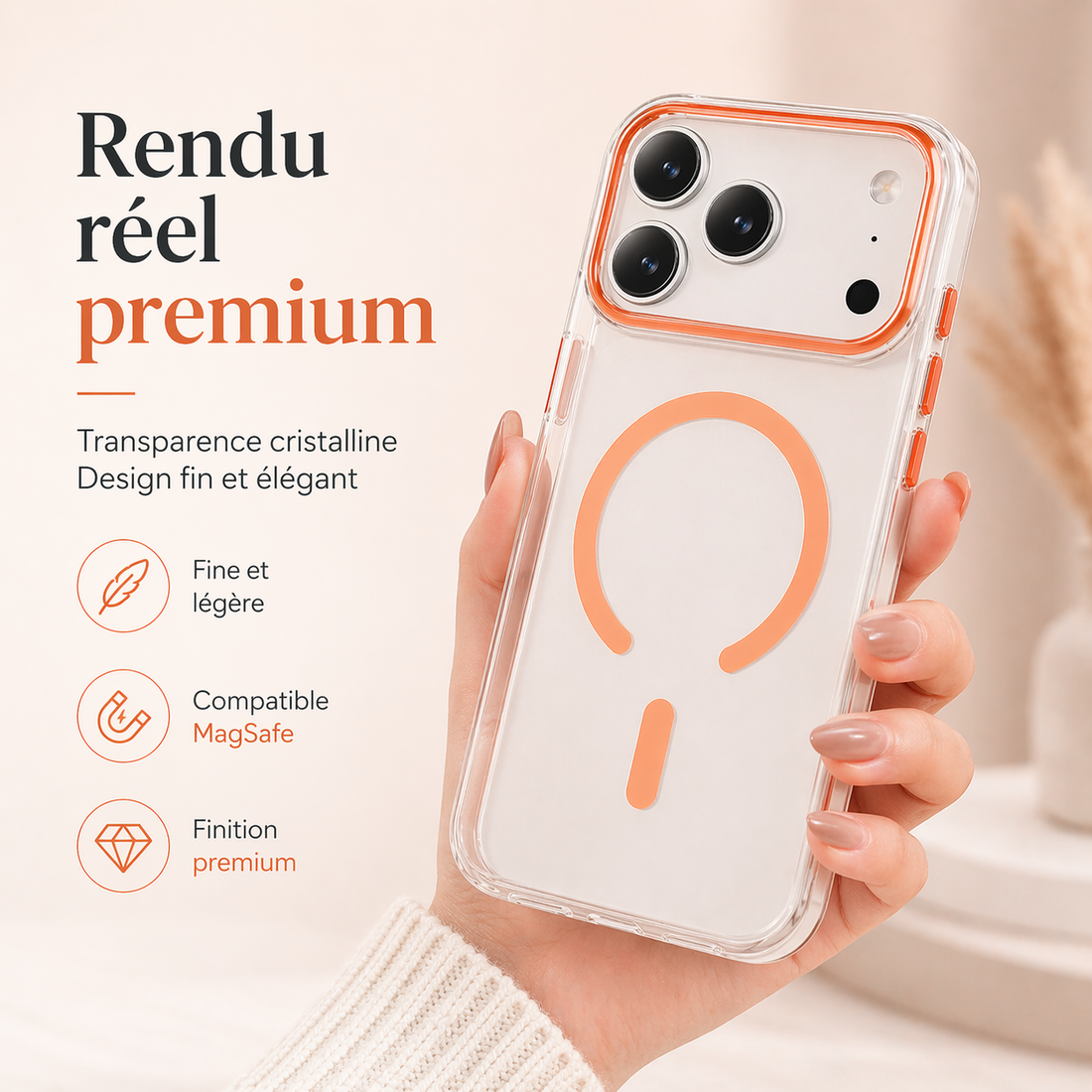 Coque magnétique transparente orange pour iPhone 17 Pro Max montrée en main