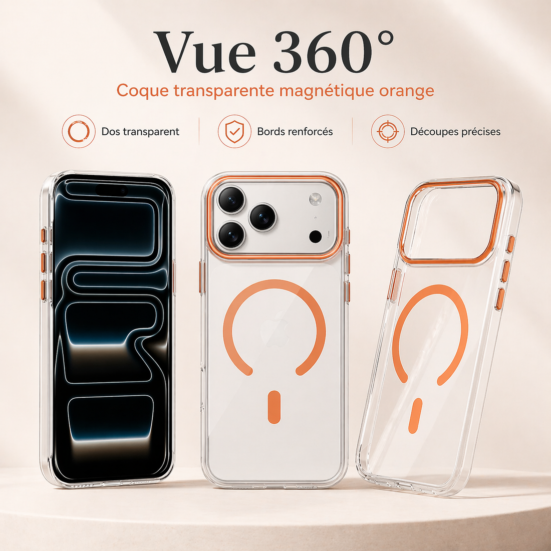 Vue 360 de la coque transparente magnétique orange pour iPhone 17 Pro Max