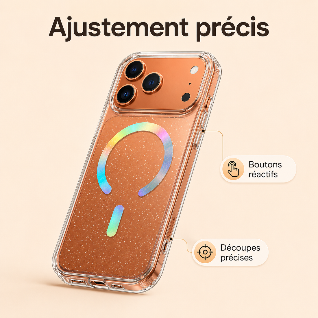 Coque iPhone 17 Pro Max pailletée avec ajustement précis, boutons réactifs et découpes adaptées