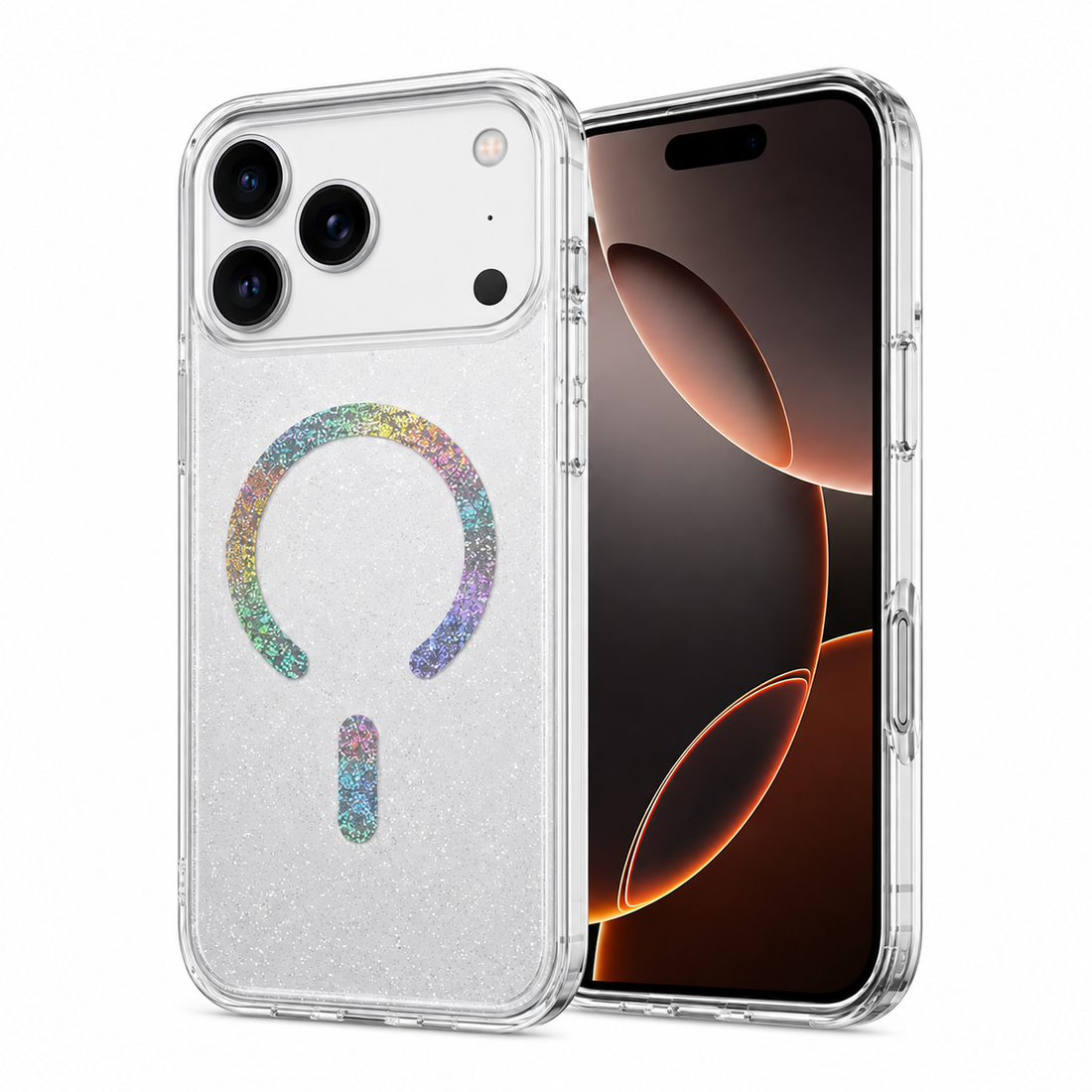 Coque iPhone 17 Pro Max magnétique pailletée transparente, packshot produit