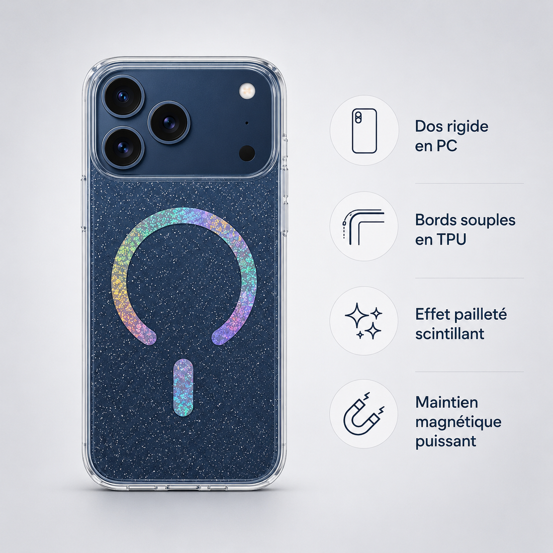 Coque iPhone 17 Pro Max pailletée avec dos rigide PC, bords TPU et maintien magnétique