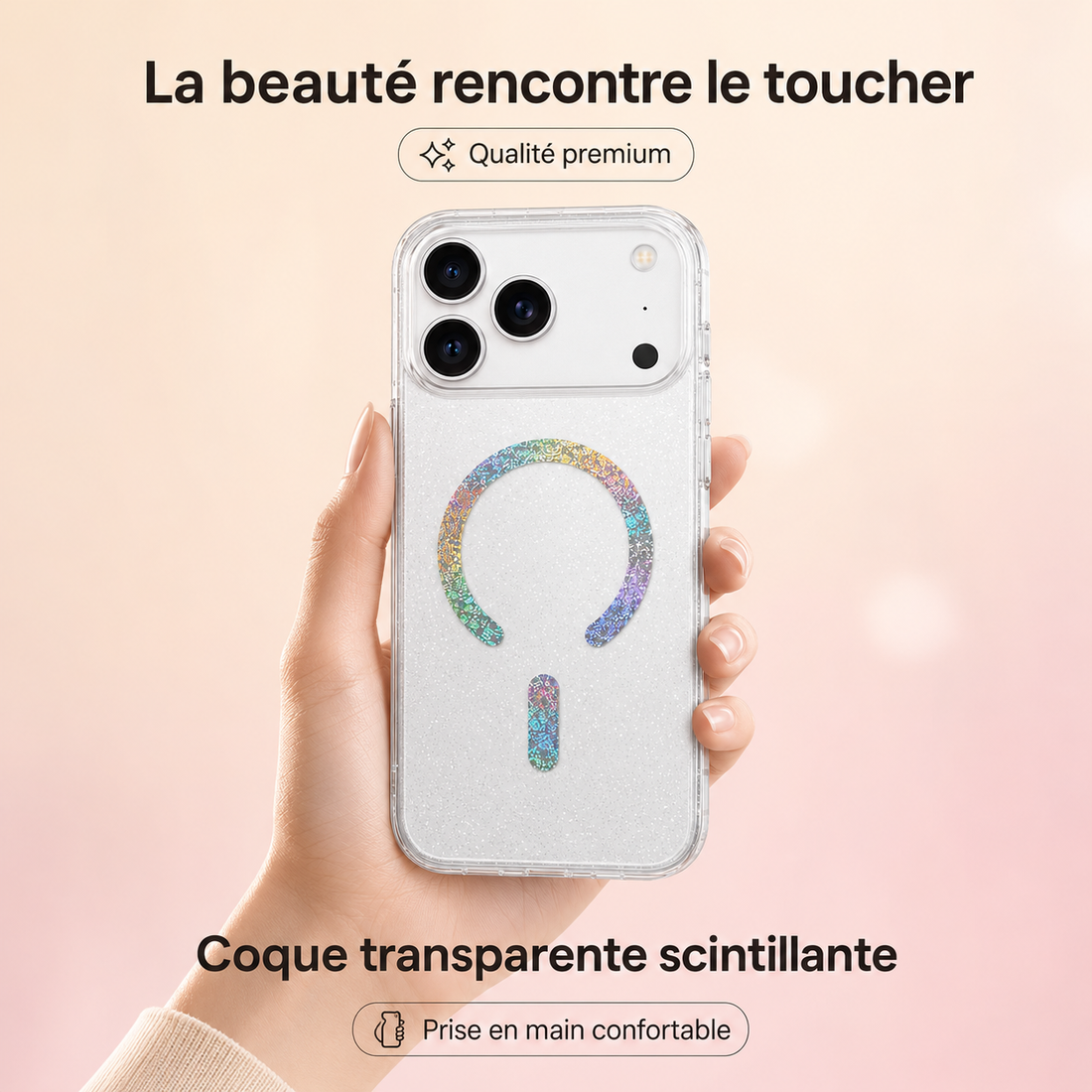 Coque iPhone 17 Pro Max pailletée transparente en main avec finition scintillante