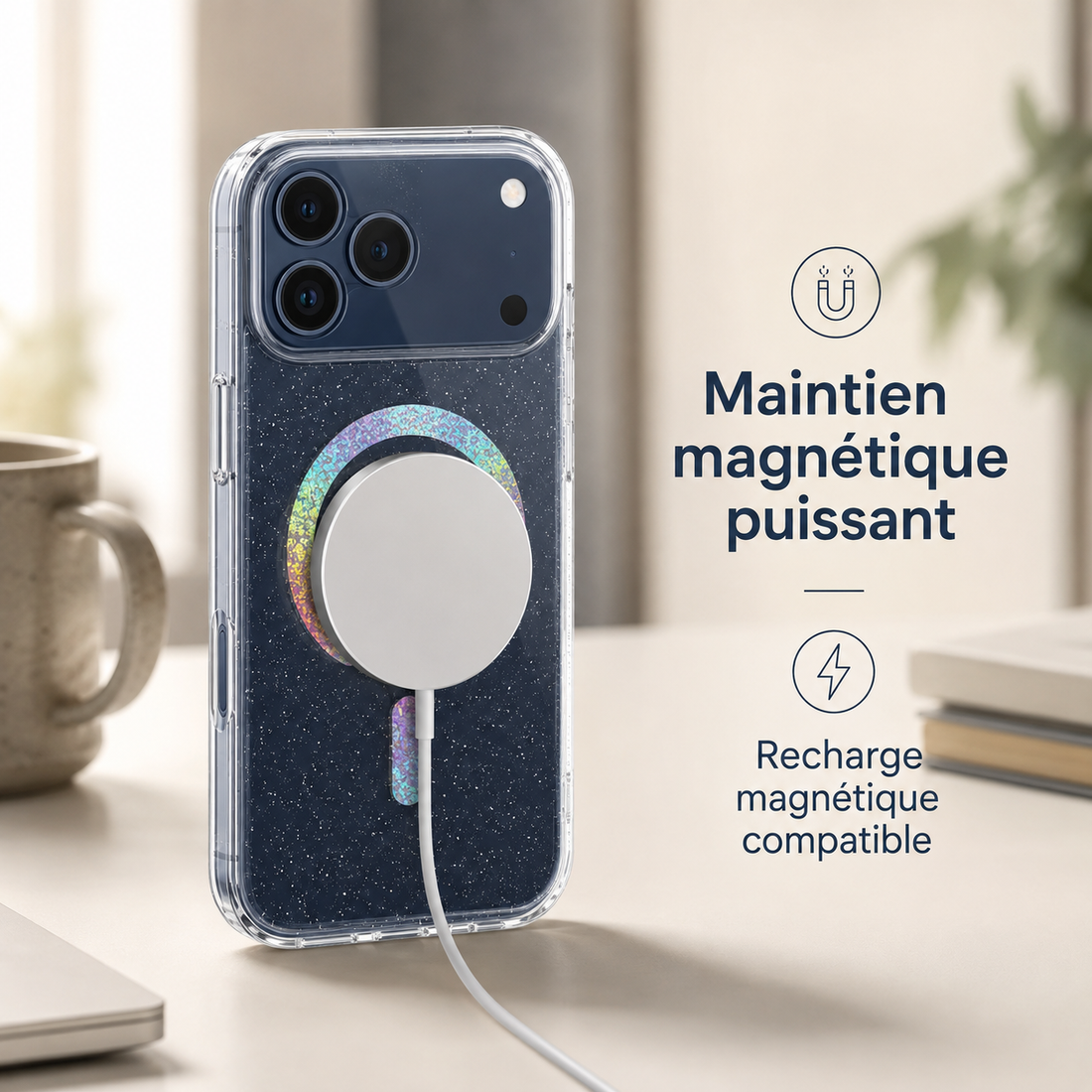 Coque iPhone 17 Pro Max pailletée avec maintien magnétique puissant et recharge magnétique compatible