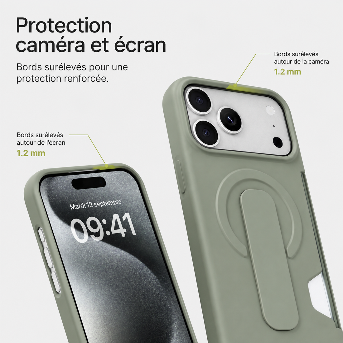 Coque iPhone 17 Pro Max Vert kaki avec bords surélevés pour protéger caméra et écran