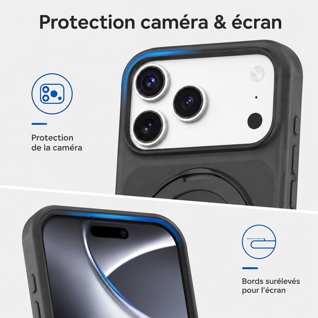 Coque iPhone 17 Pro noire avec bords surélevés pour protéger la caméra et l’écran