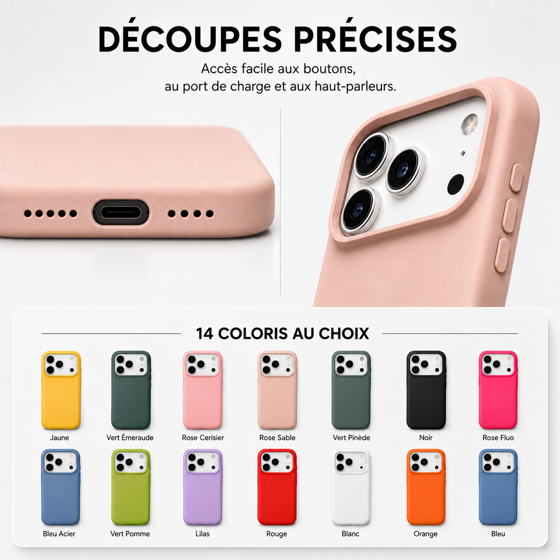 Coque iPhone 17 Pro silicone soft touch BeColor - découpes précises pour boutons, port de charge et haut-parleurs