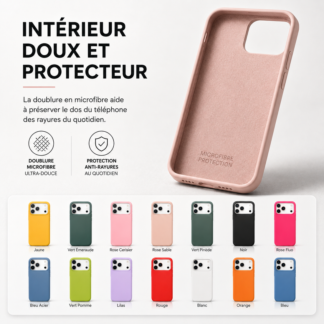 Coque iPhone 17 Pro silicone soft touch BeColor - intérieur doux en microfibre et 14 coloris