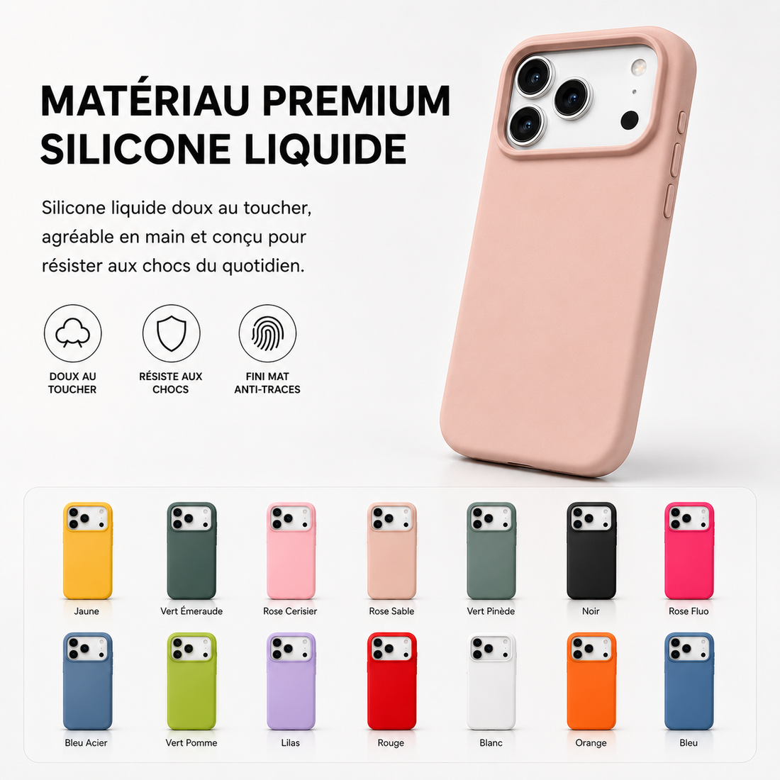 Coque iPhone 17 Pro silicone soft touch BeColor - matériau premium en silicone liquide et 14 coloris
