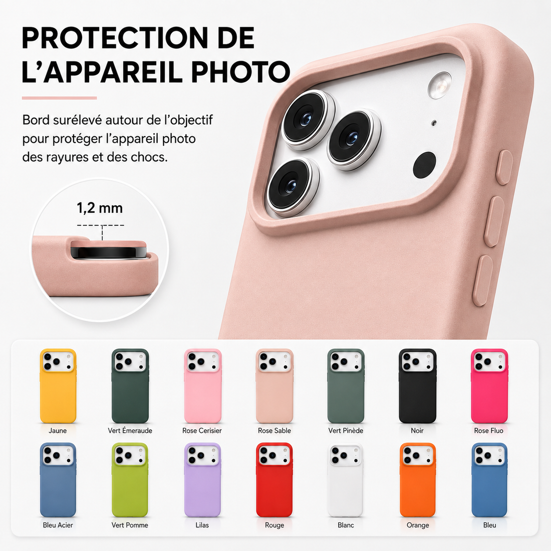Coque iPhone 17 Pro Max silicone soft touch BeColor - protection de l’appareil photo et 14 coloris